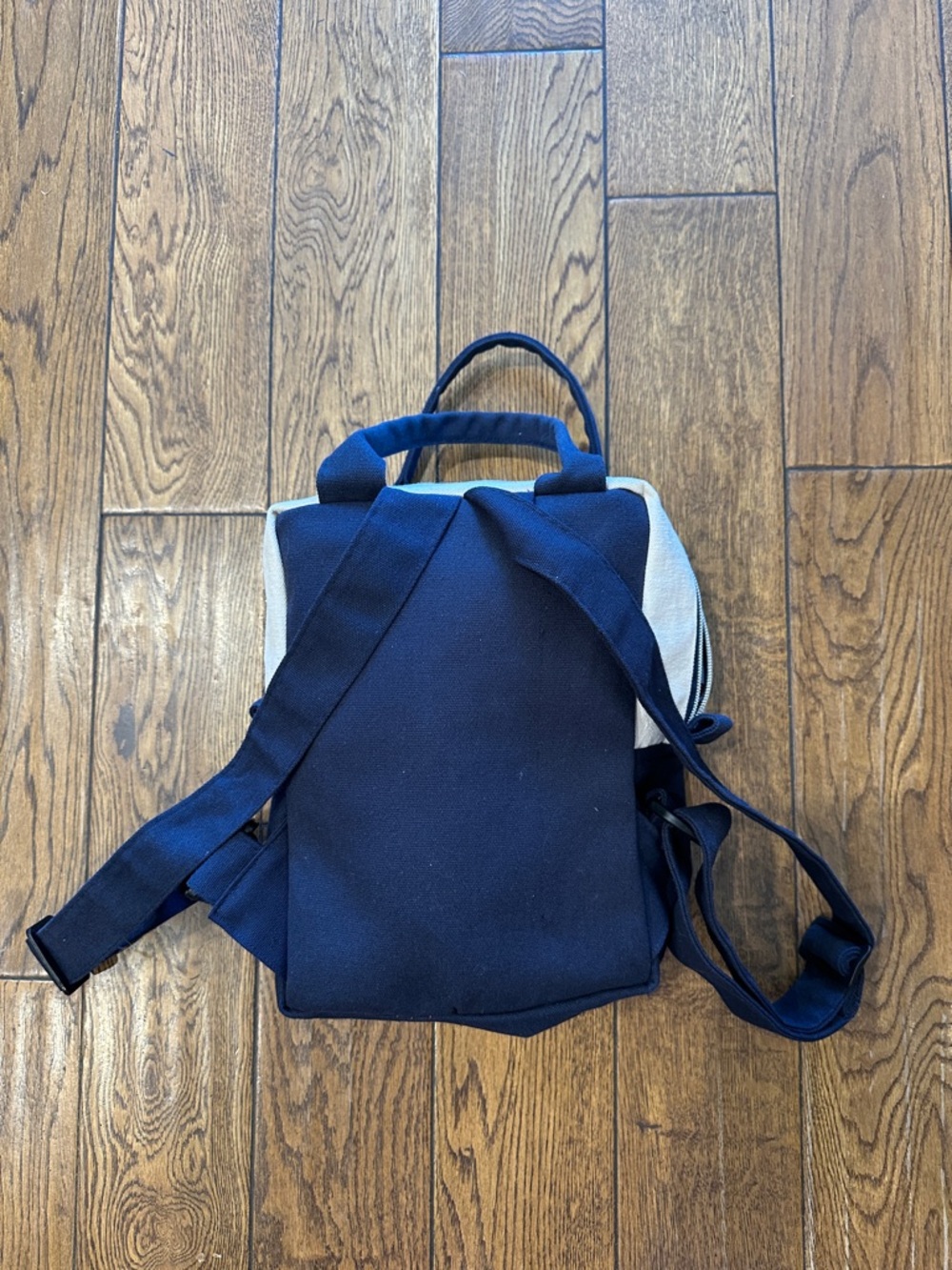 Trader Joes Cream and Navy Canvas mini Backpack Tote hard to find - Picture 2 of 3